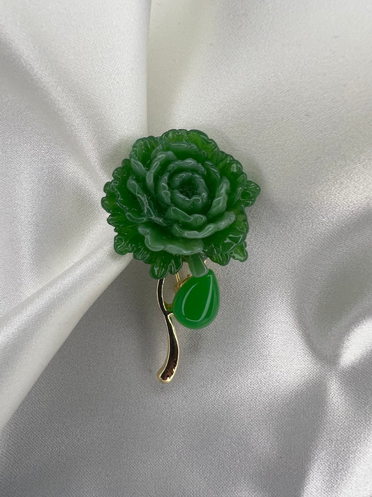 Green Resin Peony Flower Brooch
